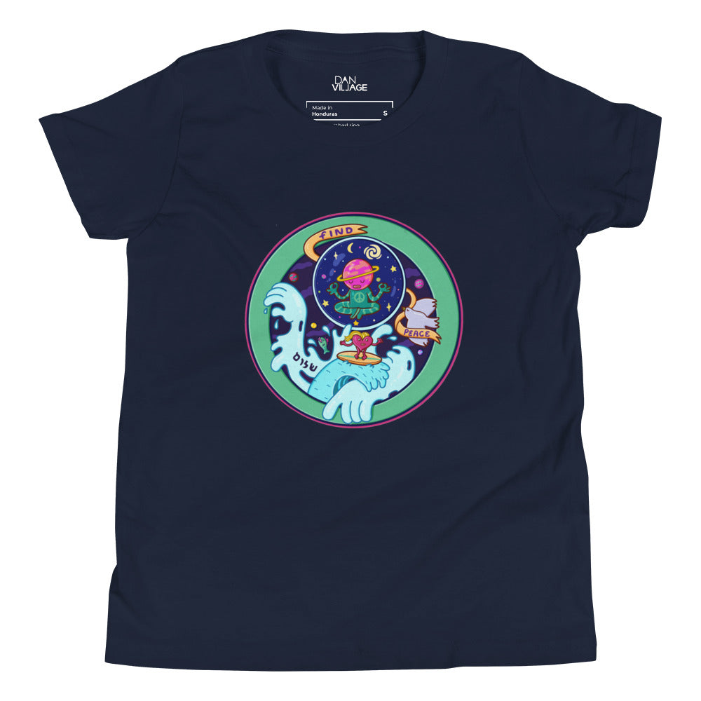 Calm, colourful Find Peace artwork on a youth graphic t-shirt by Daniel Sulzberg