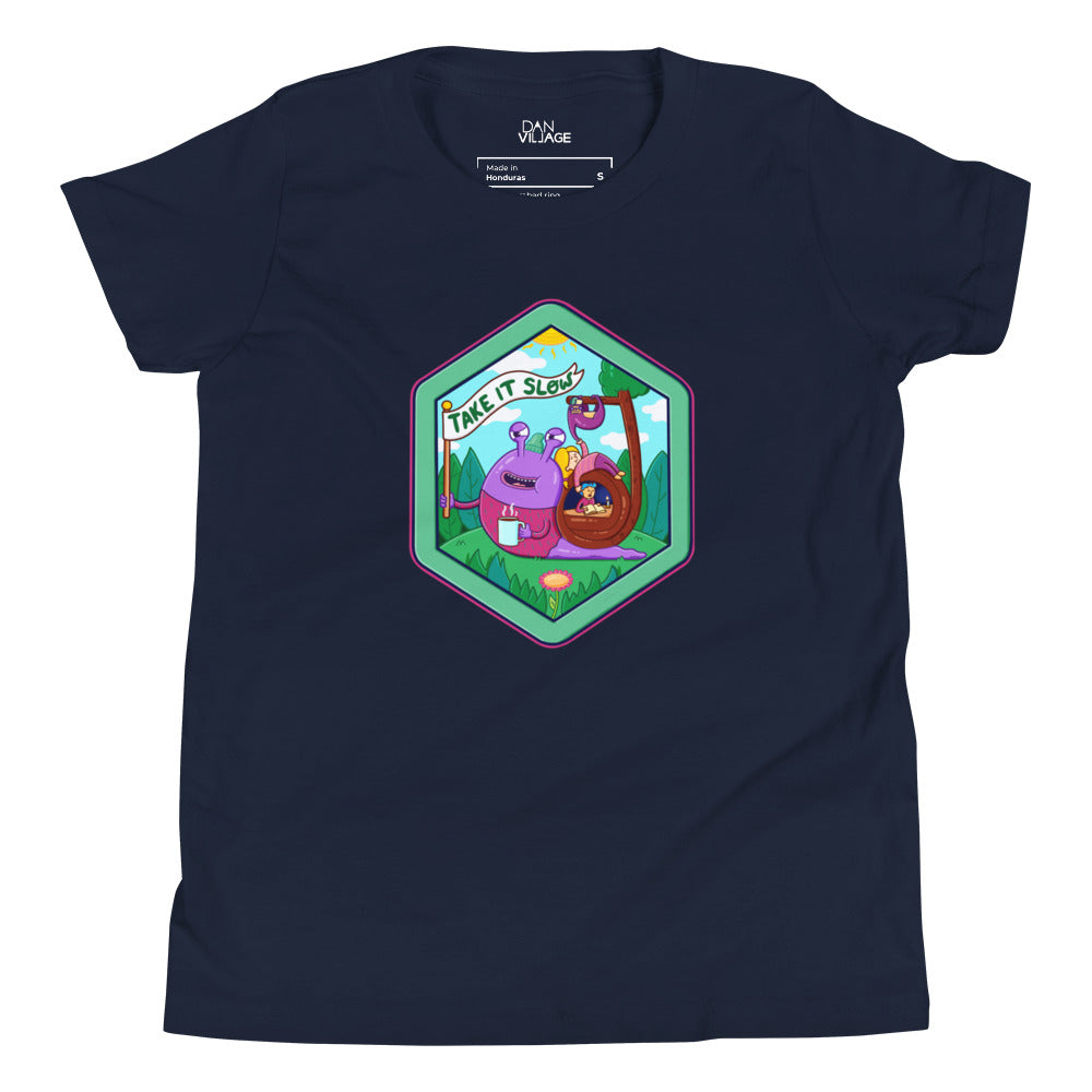 Hand-drawn sloth artwork on an illustrated youth t-shirt from Danvillage Art Lab