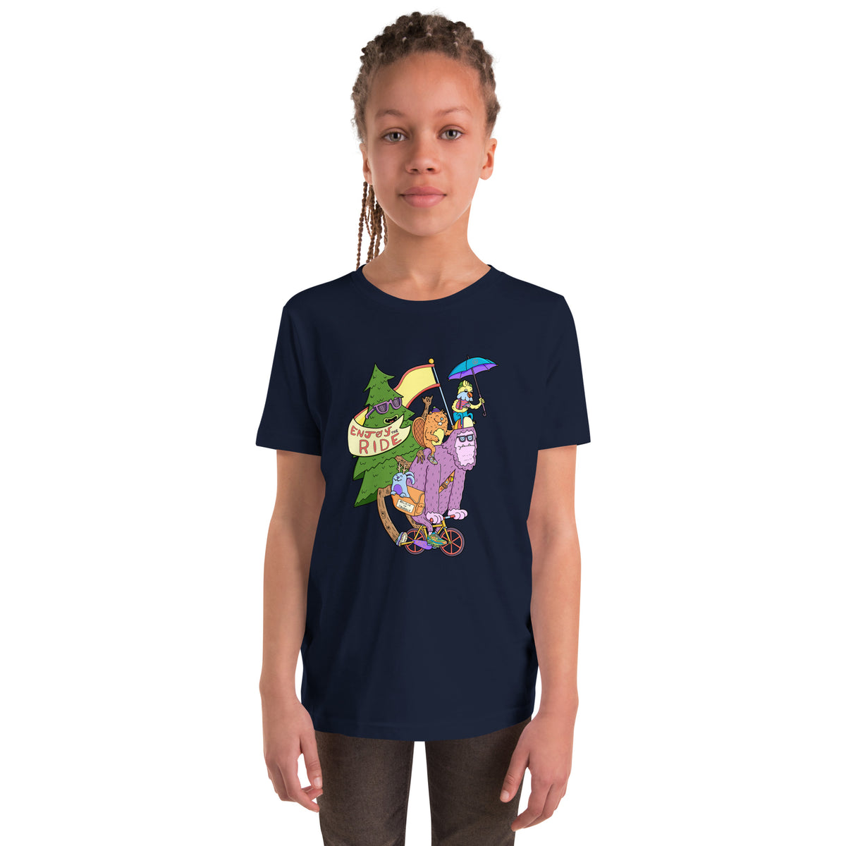 Sasquatch on a bike kids shirt with an Enjoy the Ride message for everyday wear
