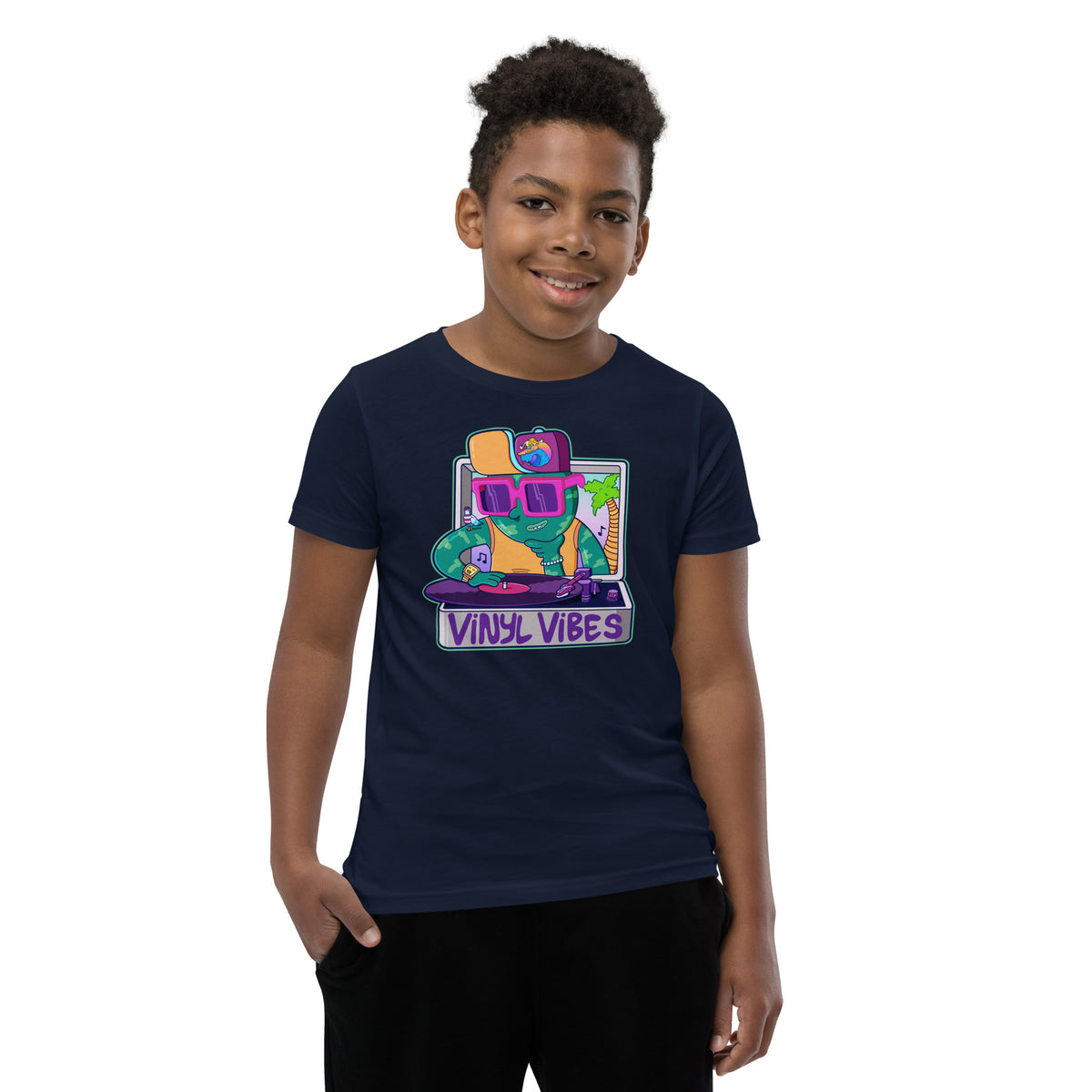 Youth t-shirt featuring an illustrated record player design by illustrator Daniel Sulzberg