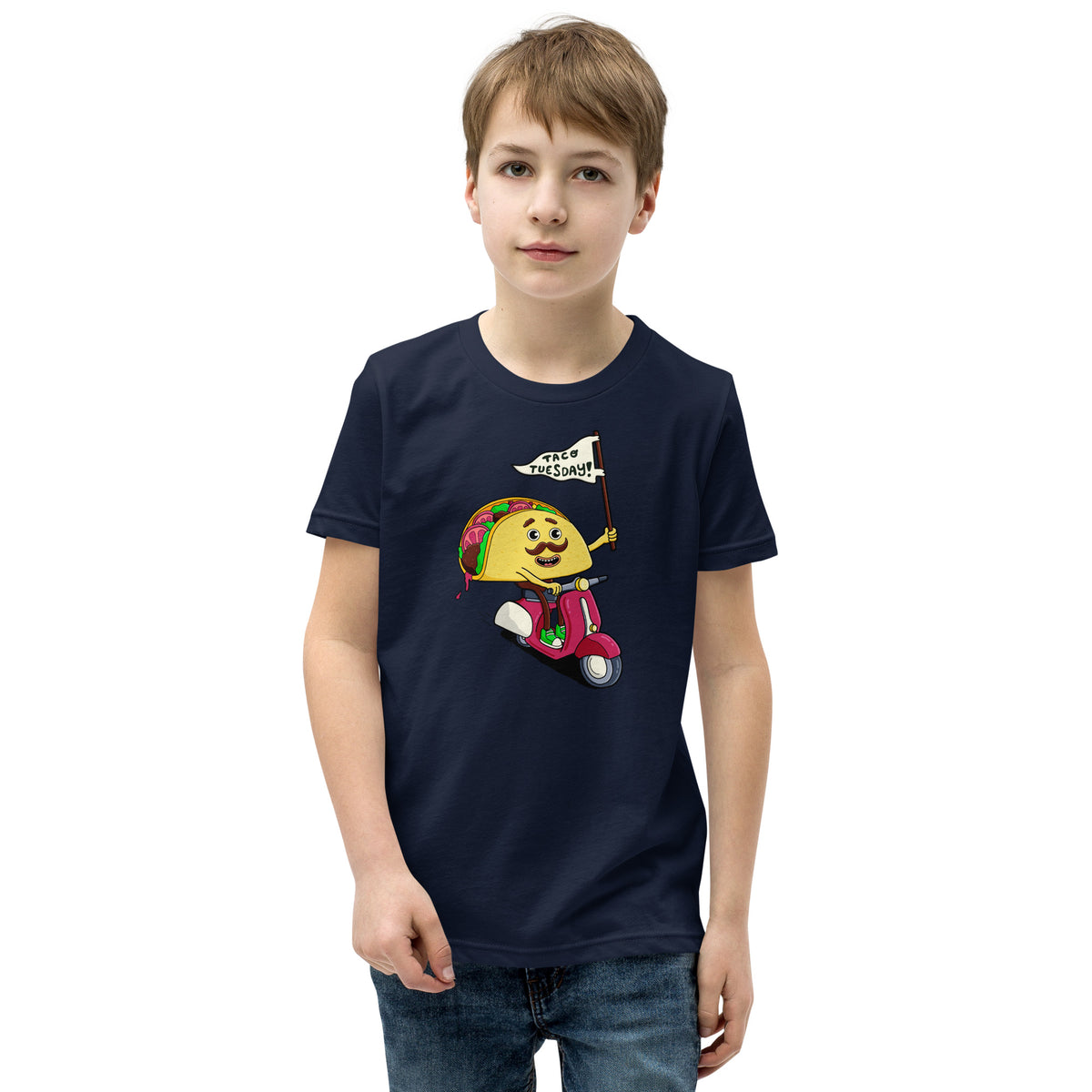 Original illustrated youth t-shirt built around a hand-drawn taco illustration by illustrator Daniel Sulzberg