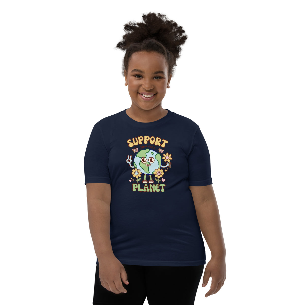 Original smiling Earth character on a youth graphic tee by Daniel Sulzberg