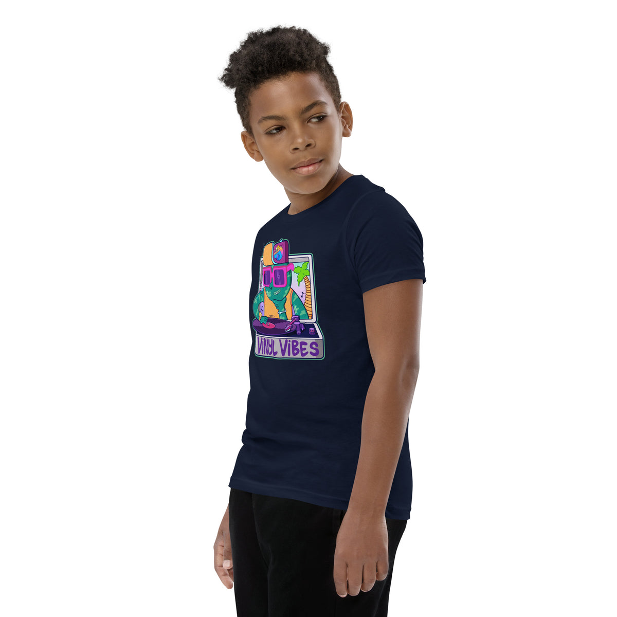 Vinyl Vibes artwork on an illustrated youth tee for young music lovers