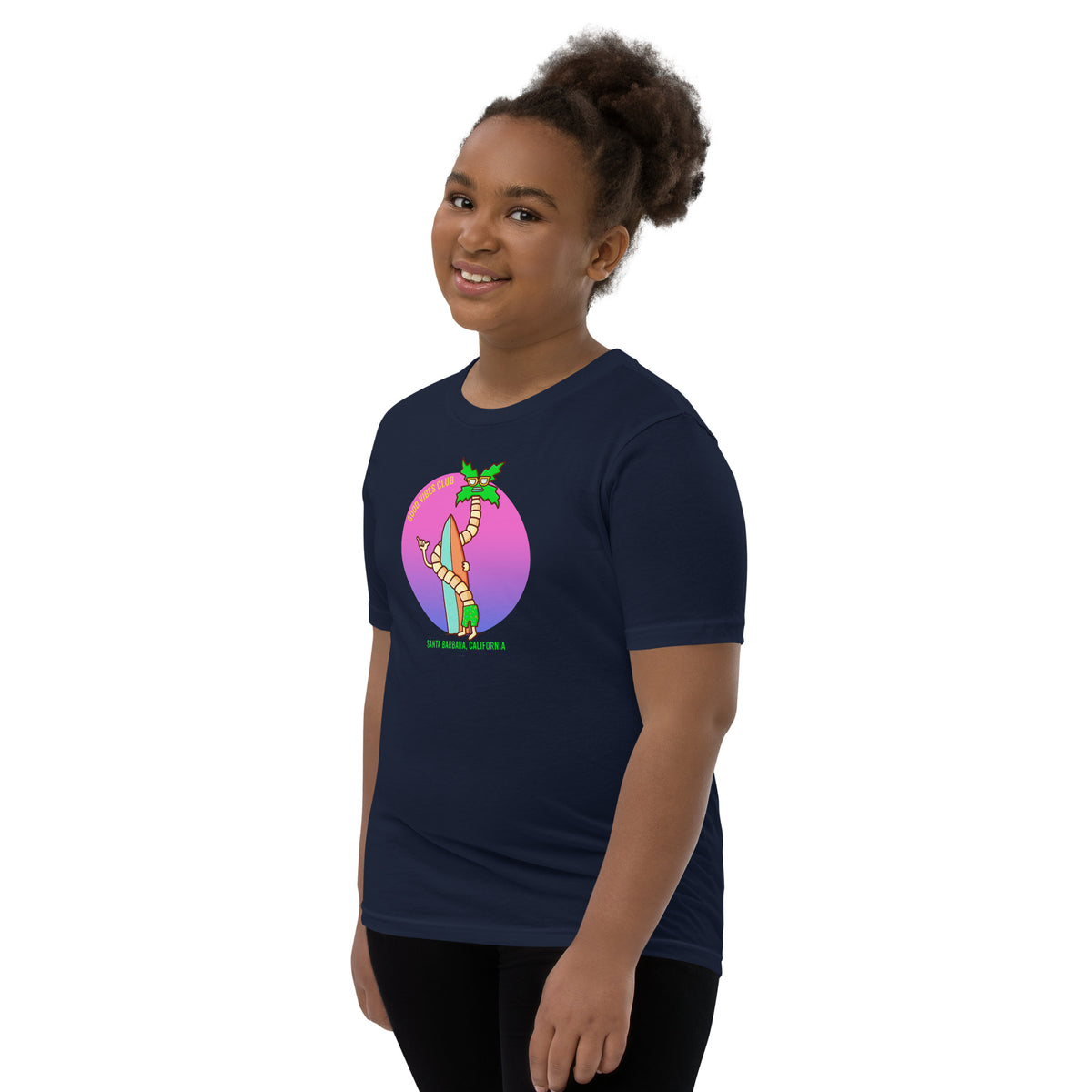 Original Santa Barbara surf illustration on a youth-sized graphic t-shirt