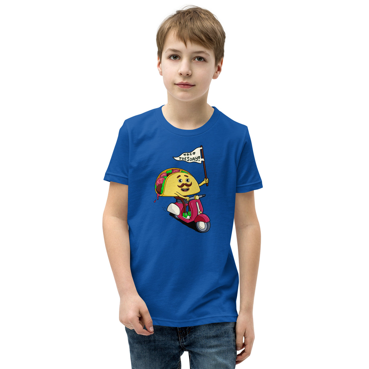 Playful hand-drawn graphic tee for kids built around an illustrated taco design