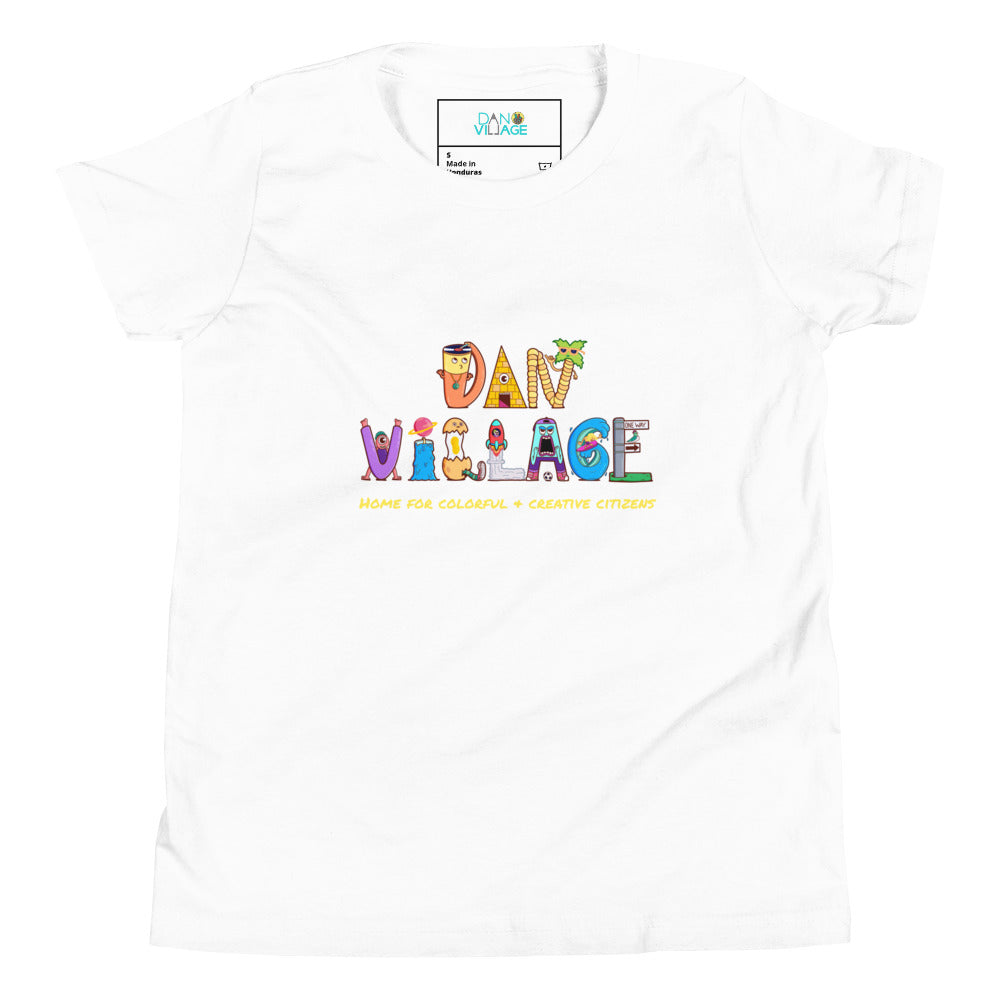 Character-driven logo artwork on an illustrated youth t-shirt for creative kids