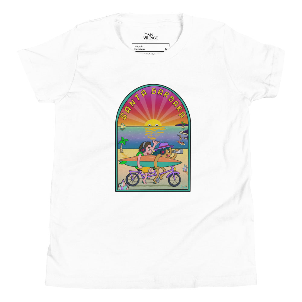 Original illustrated ocean and surfboard kids tee for visiting and local families