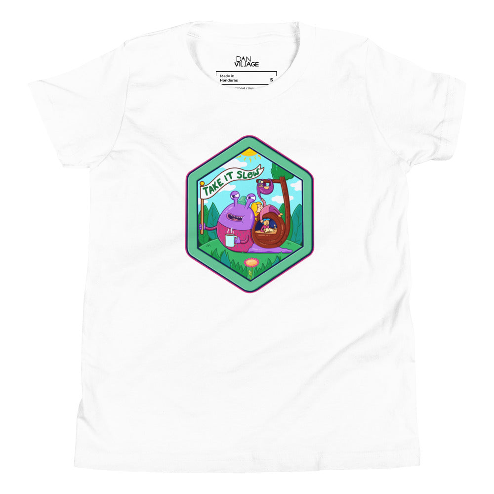 Sloth and snail wearable art tee in youth sizes, drawn in friendly Danvillage style