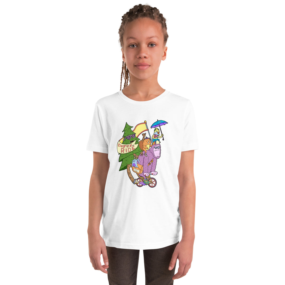 Sasquatch cycling wearable art tee in youth sizes, an original Danvillage design