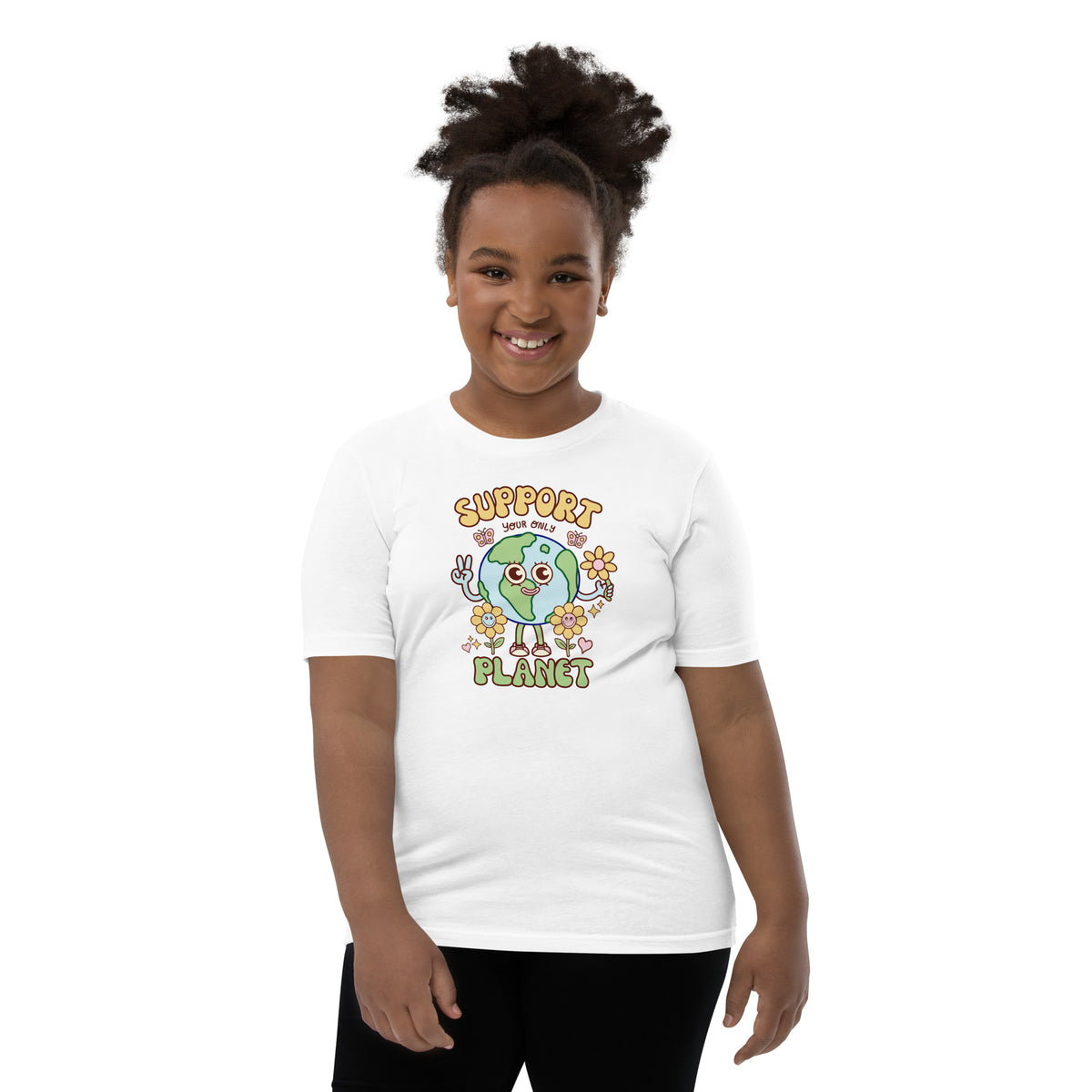 Eco kids tee with original planet artwork by illustrator Daniel Sulzberg