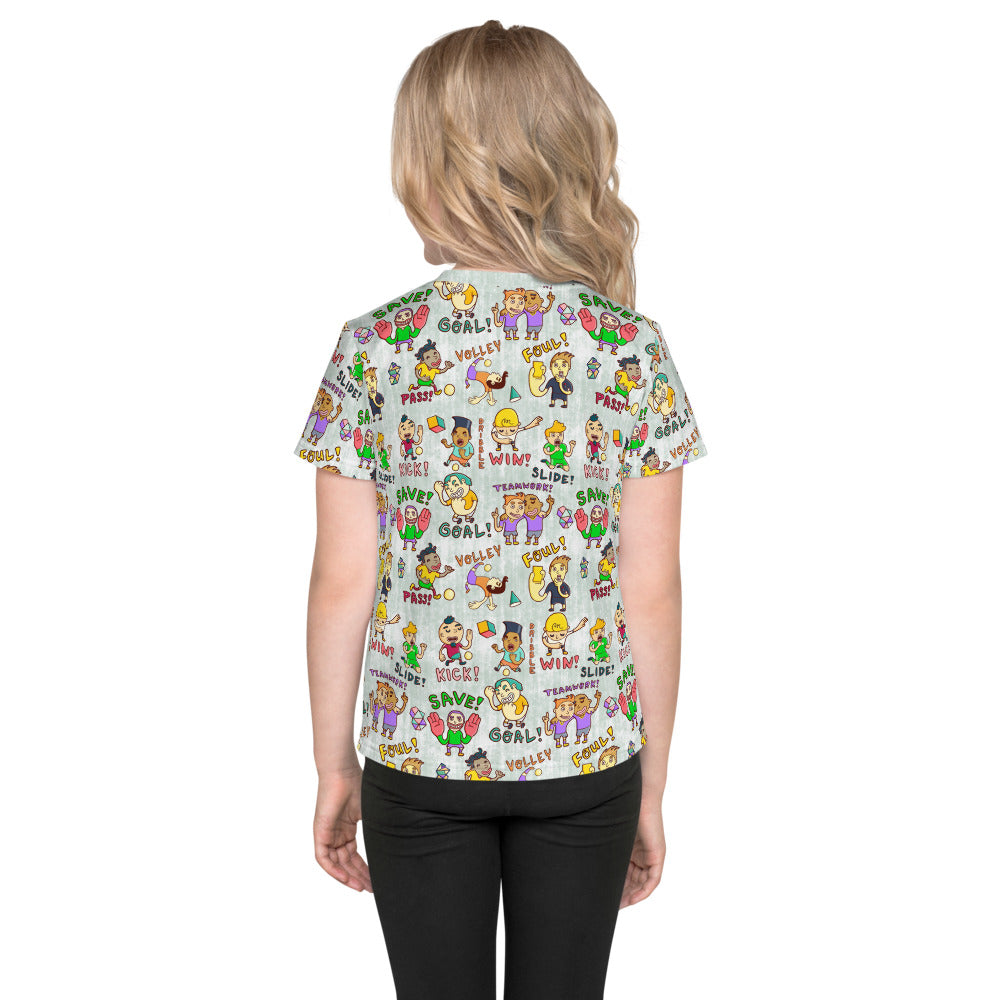 Hand-drawn soccer player pattern on an illustrated kids t-shirt, full of matchday energy