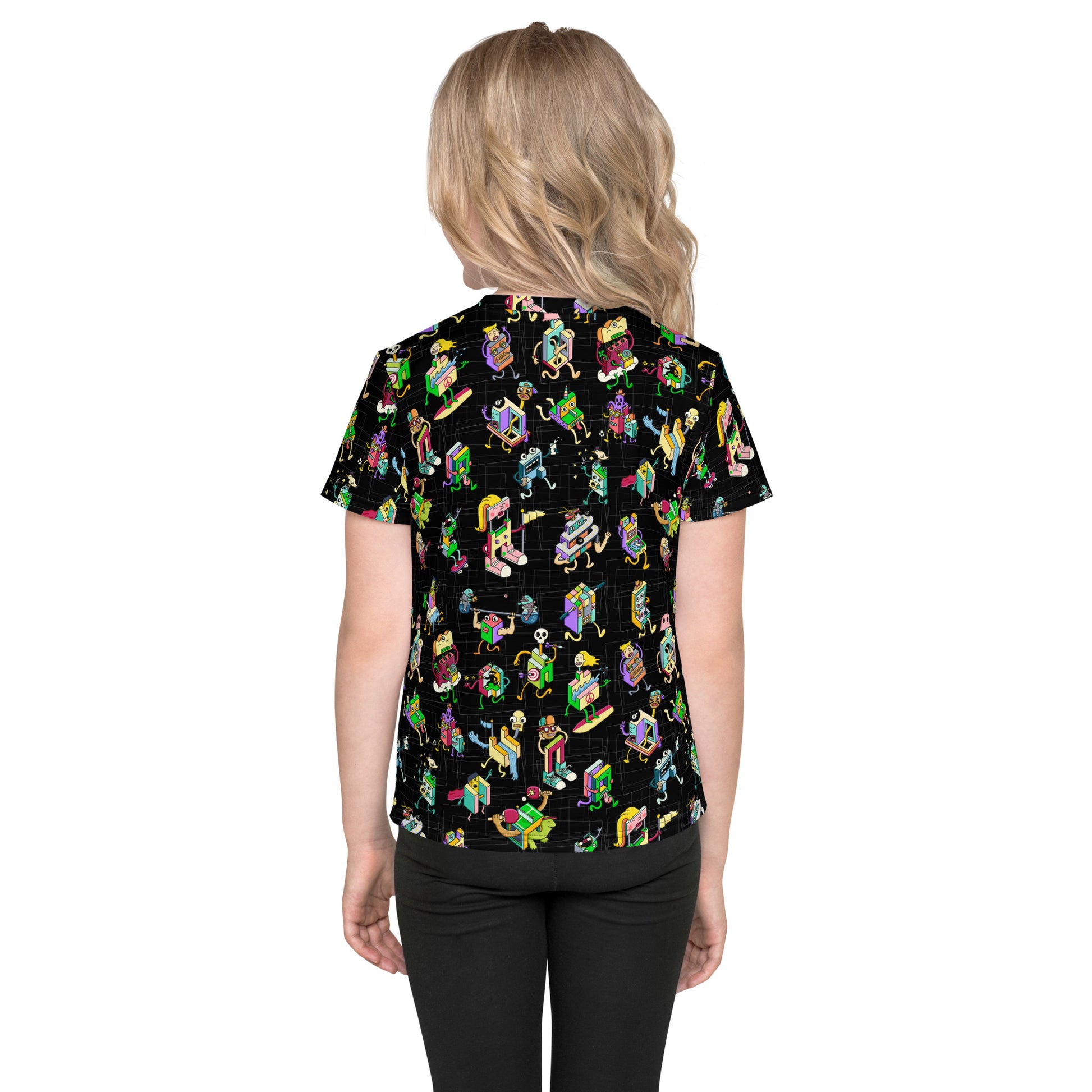 Hand-drawn surreal creatures covering a bright illustrated kids t-shirt pattern