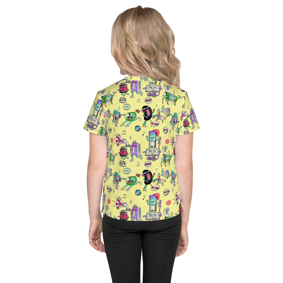 Hand-drawn boombox and walkman characters battling across an illustrated kids t-shirt