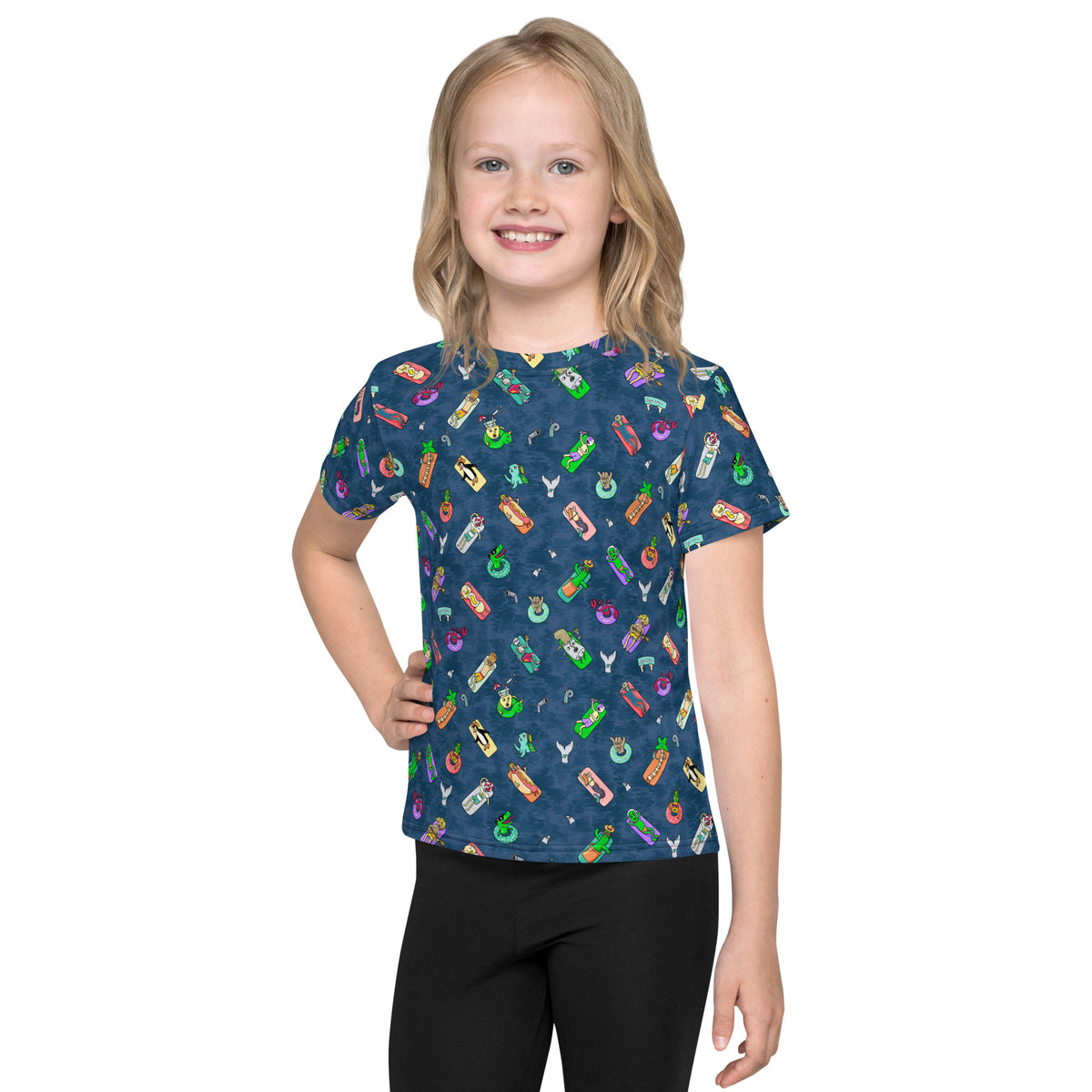 Hand-drawn floaties drifting across a bright illustrated kids t-shirt for pool days