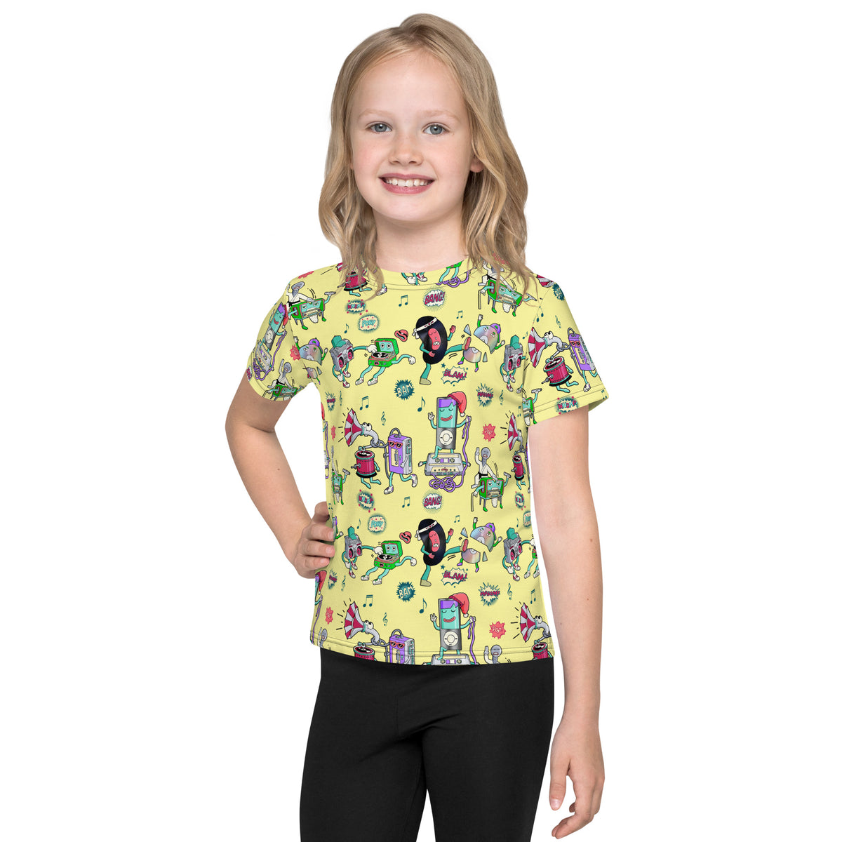 Music history graphic tee for kids from Danvillage Art Lab, vinyl versus CD versus boombox