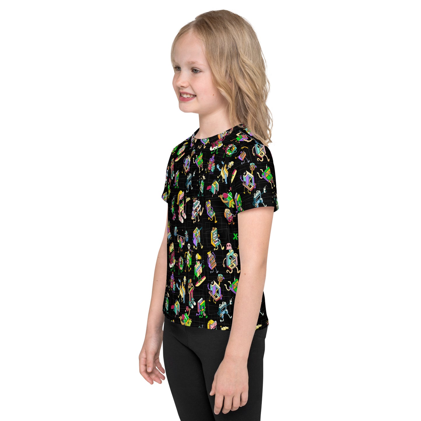 Whimsical all-over character pattern kids t-shirt drawn in Santa Barbara by Daniel Sulzberg