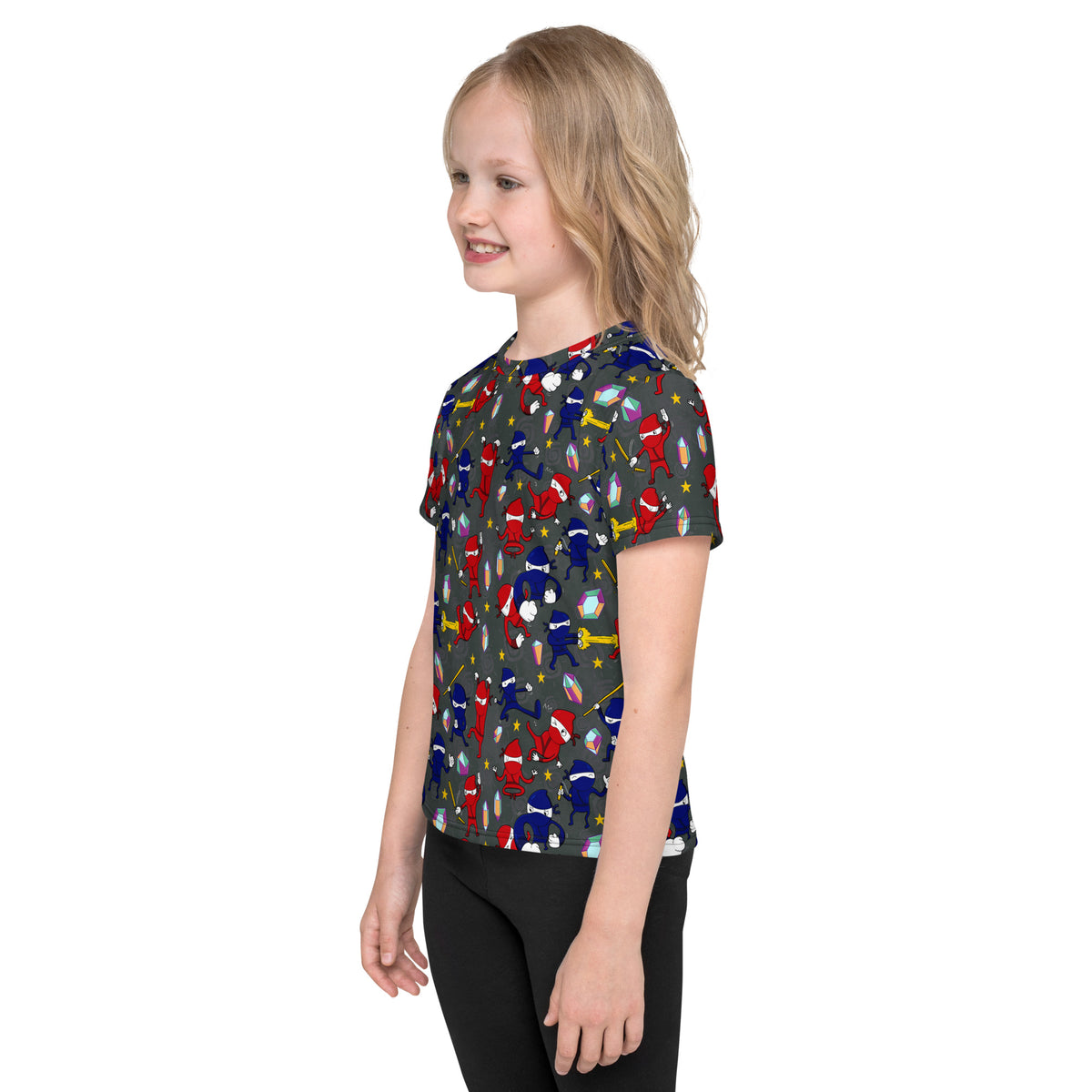 Colorful illustrated ninja and crystal kids tee by illustrator Daniel Sulzberg