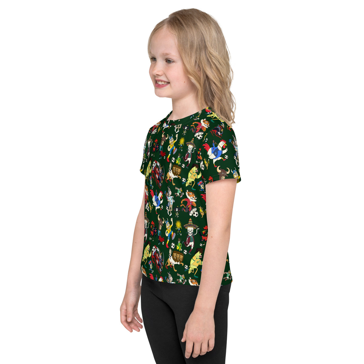 All-over soccer mascot artwork youth t-shirt by illustrator Daniel Sulzberg