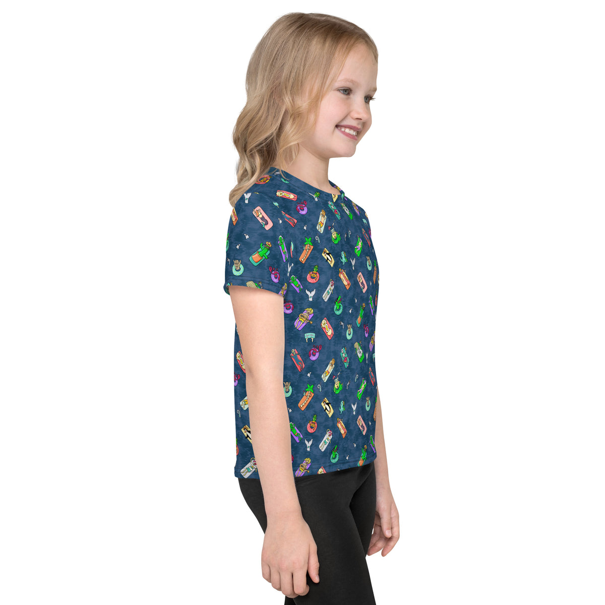 Bright illustrated summer pattern t-shirt for kids, all pool floaties and cool blues