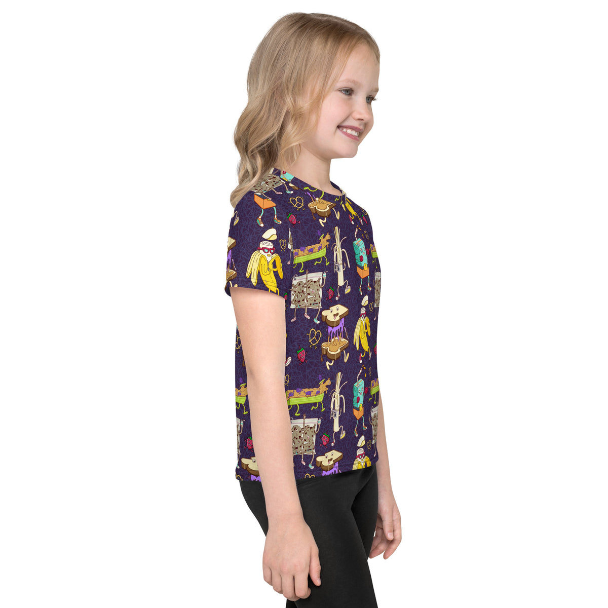 Hand-drawn ants on a log, banana and juice box characters on a kids graphic t-shirt