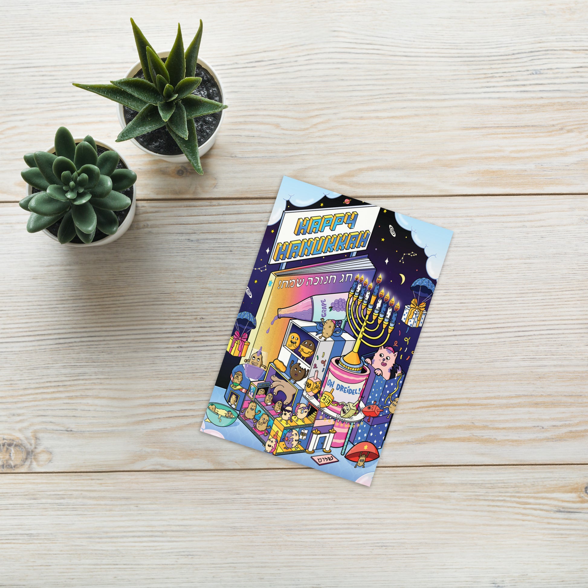 Happy Hanukkah illustrated greeting card with latkes, dreidels and a lit menorah
