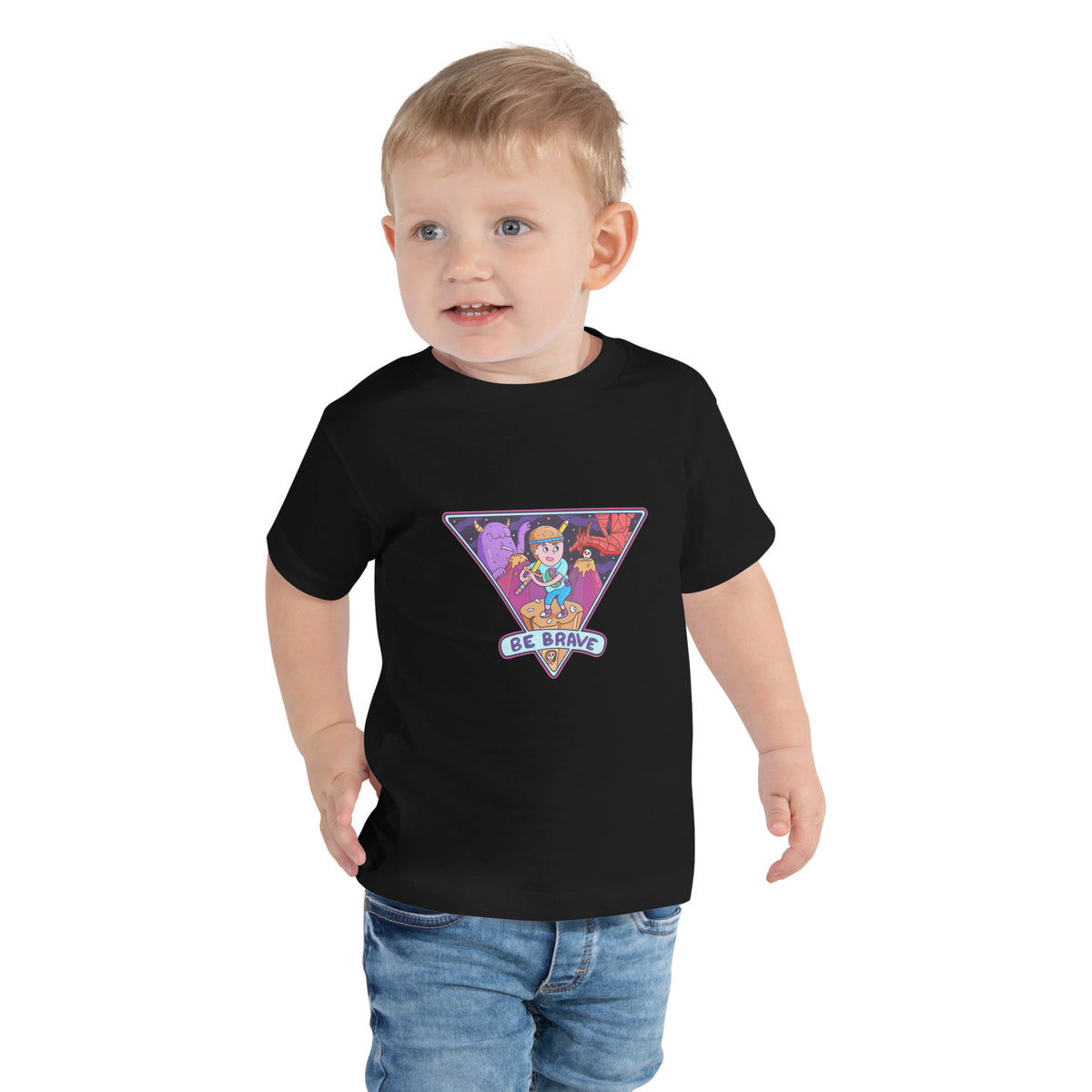 Hand-drawn Be Brave monster artwork on an illustrated toddler t-shirt for brave days