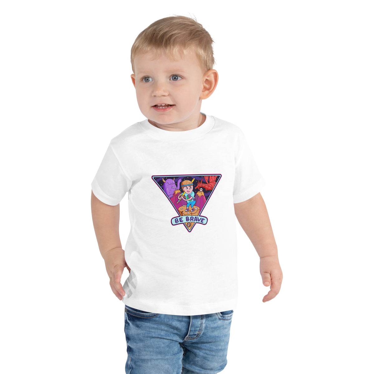 Playful illustrated adventure tee for toddlers facing a slide that is objectively too tall