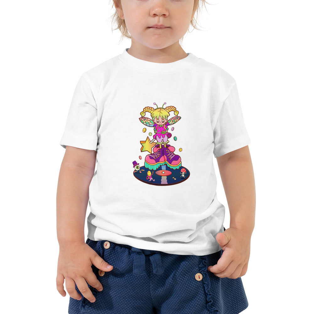 Hand-drawn neon fairy character on a bright illustrated toddler tee from Danvillage Art Lab