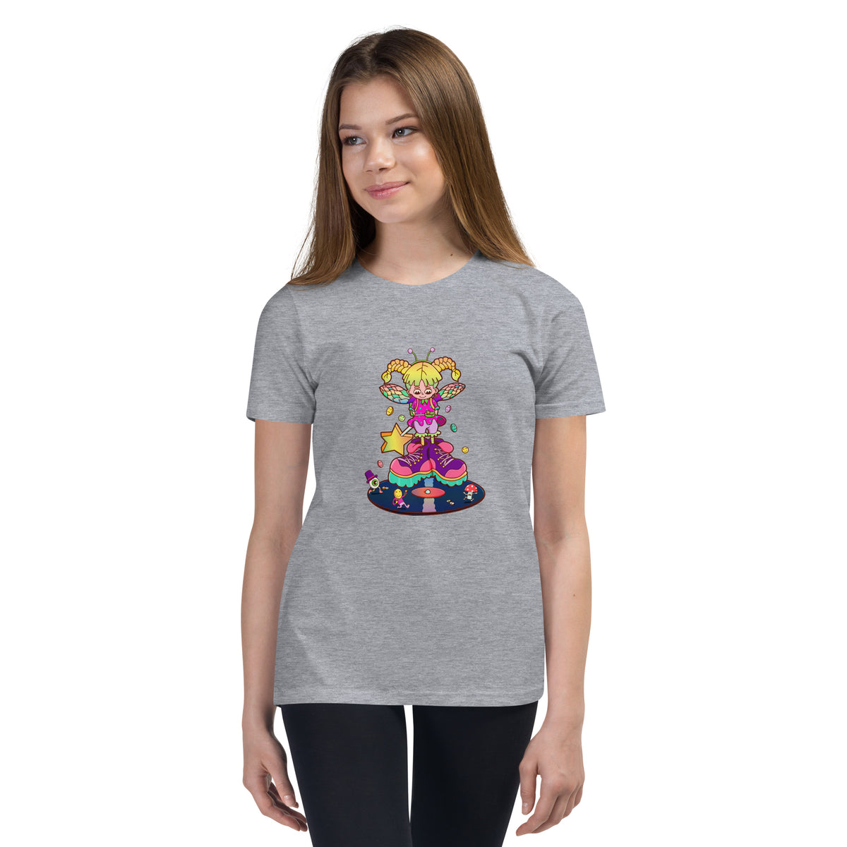 Hand-drawn fairy character youth tee for parents who remember glow sticks and techno