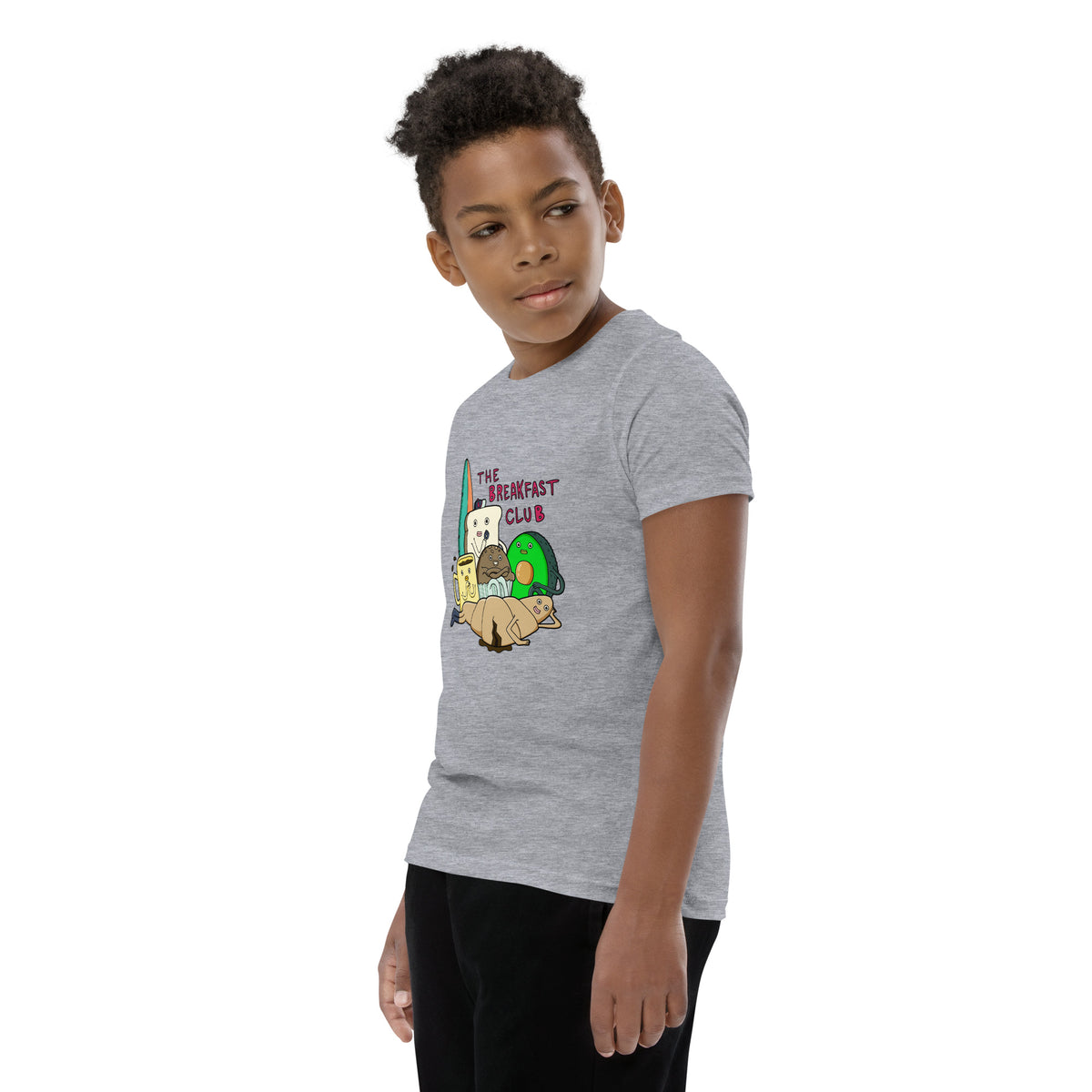 Morning food characters assembled as a crew on an original illustrated graphic tee