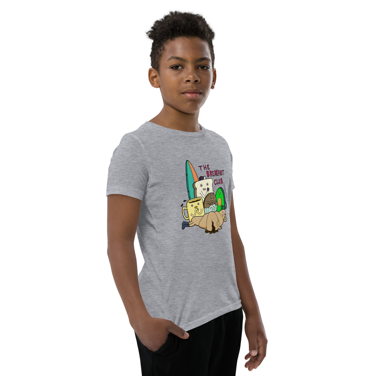 Breakfast lover gift tee with hand-drawn muffin, croissant and avocado toast characters