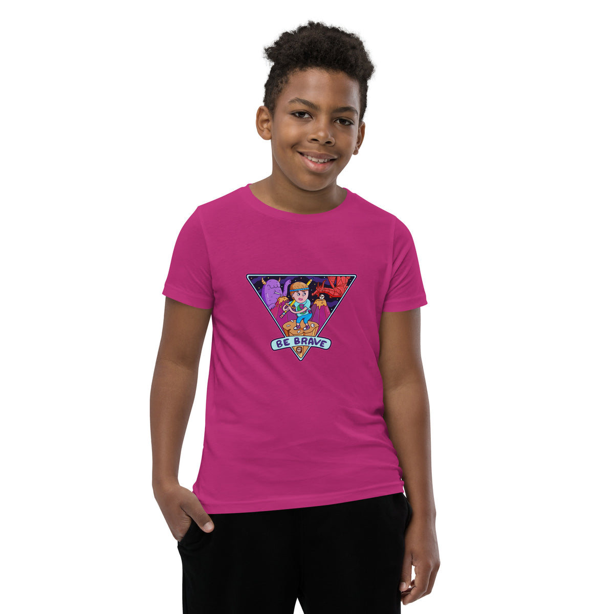 Hand-drawn Be Brave lettering and monster artwork on an illustrated kids t-shirt