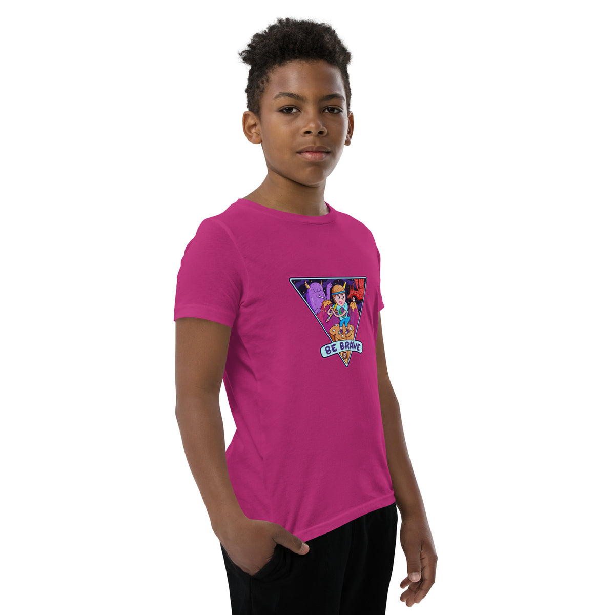 Illustrated kids t-shirt carrying a small piece of armor for a complicated world