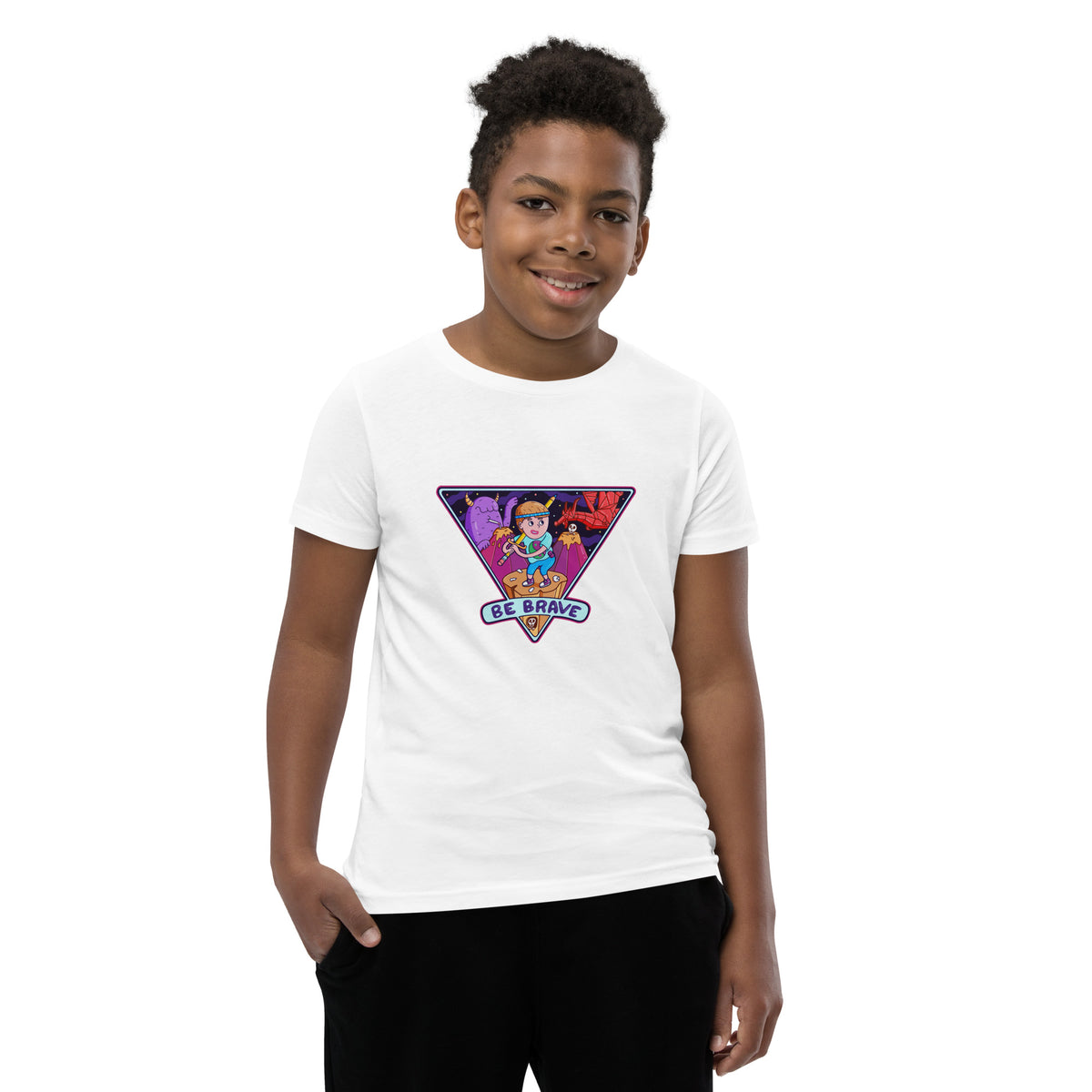 Original monster character artwork on a youth graphic tee for brave school mornings
